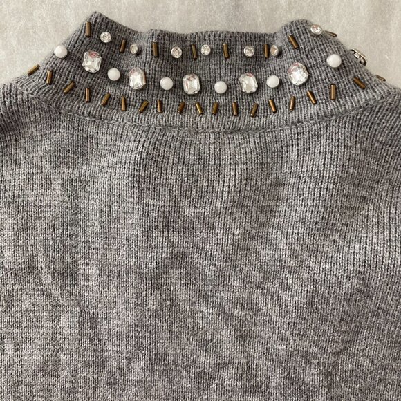 Chico's Womens Gray Beaded Placket Mock Neck Full Zip Cardigan Sweater Sz 2 US L - Picture 3 of 13